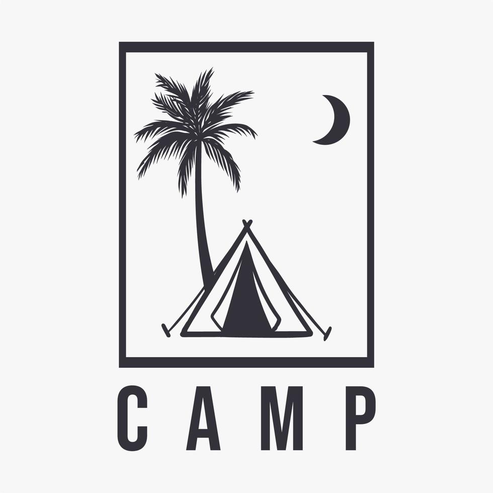 t shirt design camp with tent camp, tree, and moon flat illustration vector