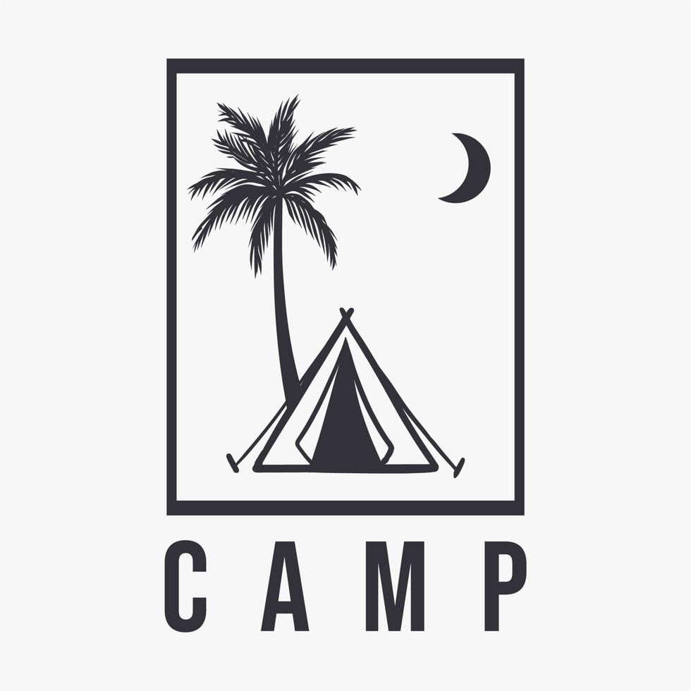 Campamento de diseño de camisetas con campamento de carpas, árbol y luna ilustración plana vector