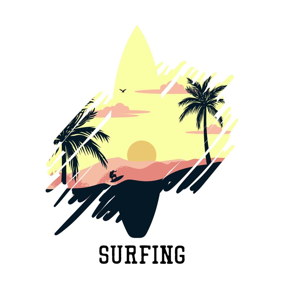 ilustración vectorial surfeando con paisaje hombre surfeando en la playa ola ilustración plana vector