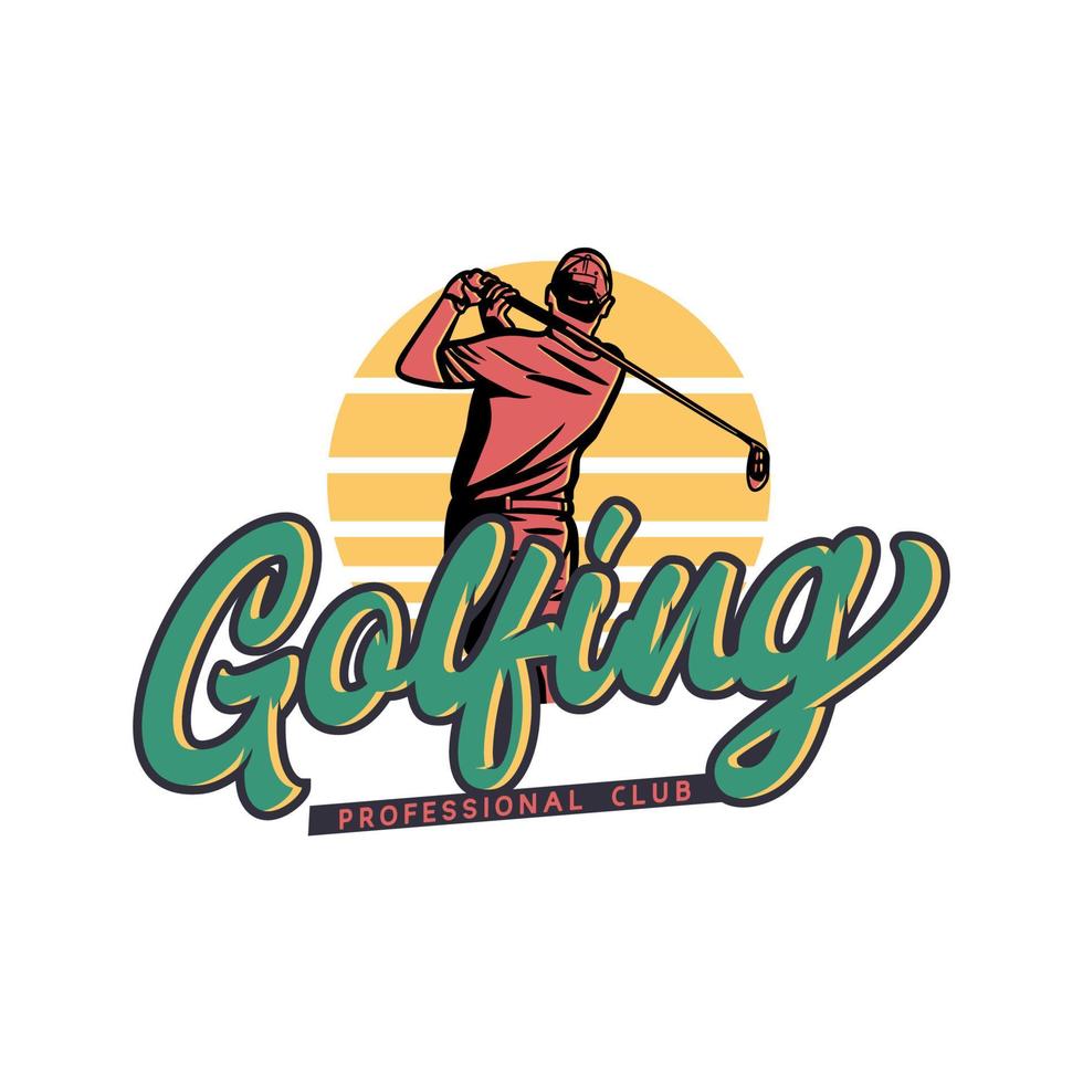 diseño de logotipo golf club profesional con hombre balanceando sus palos de golf ilustración vintage vector