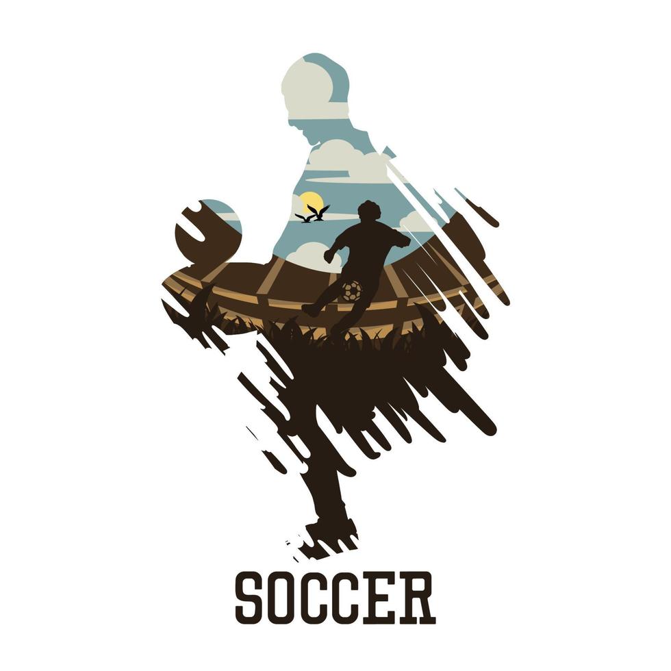 vector illustration soccer with scenery man playing football in the football stadium flat illustration