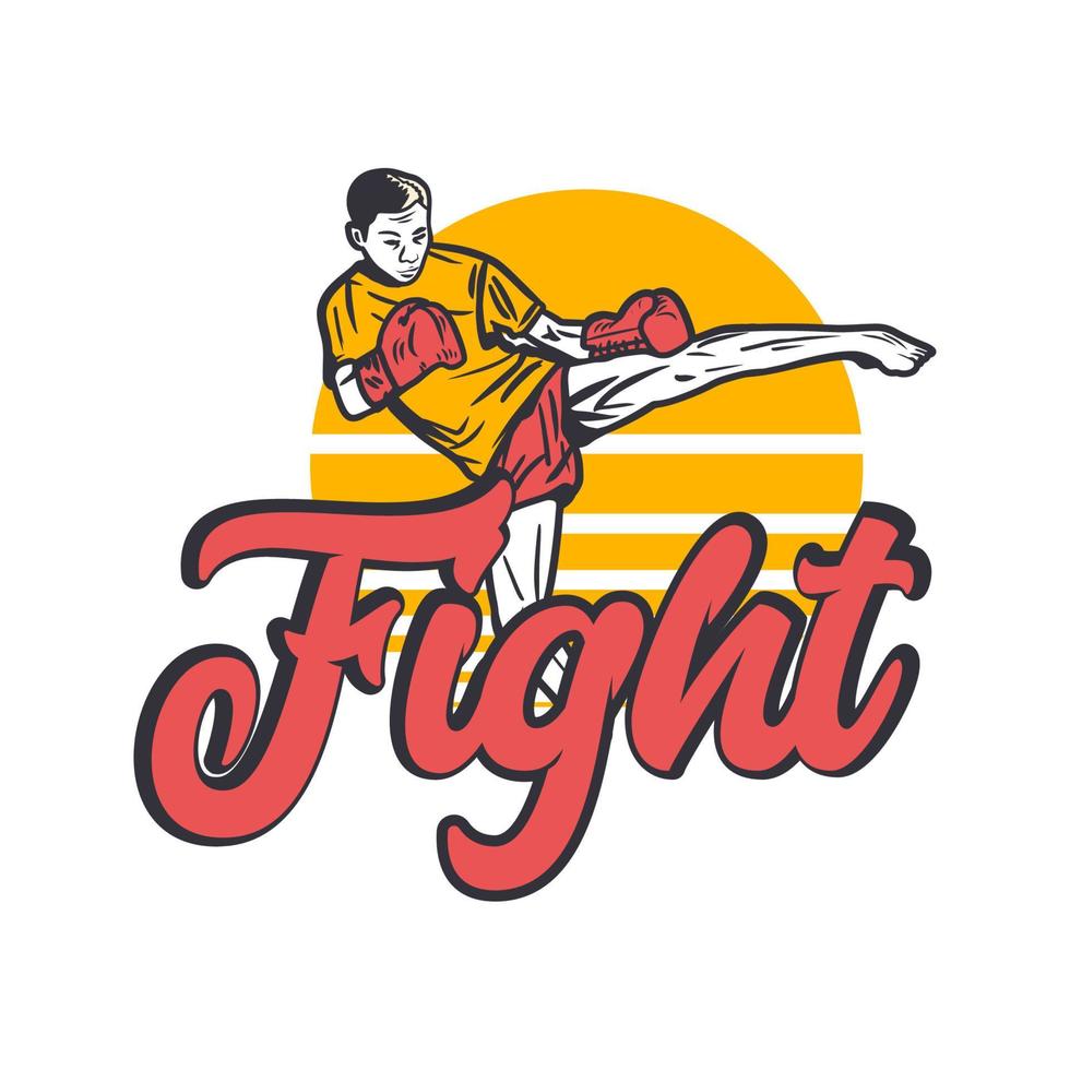 Diseño de logotipo lucha con artista marcial muay thai pateando ilustración vintage vector