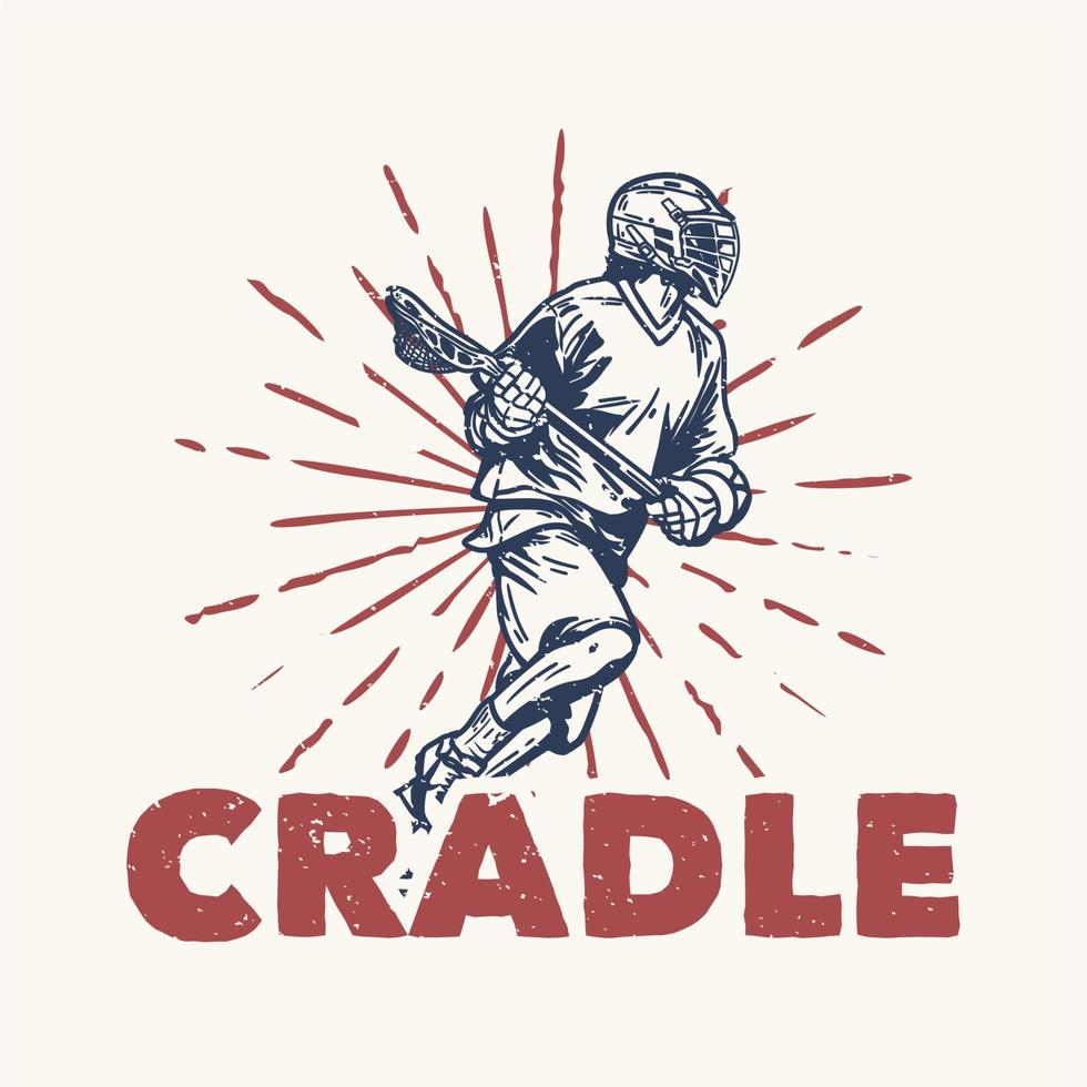 Diseño de camiseta cuna con hombre corriendo y sosteniendo el palo de lacrosse al jugar lacrosse ilustración vintage vector