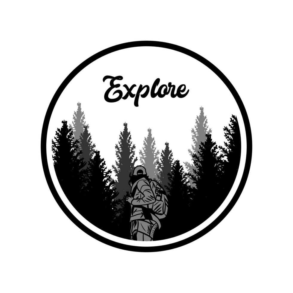 diseño de camiseta explorar con paisaje bosque vintage y senderismo mujer vintage ilustración vector