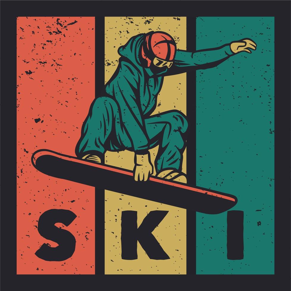 t shirt design pray for snow with man playing ski vintage illustration vector