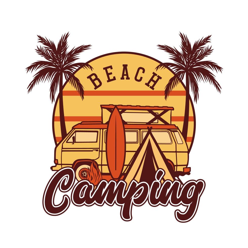 diseño de camiseta acampar en la playa con furgoneta de camping y tienda de campaña ilustración vintage vector