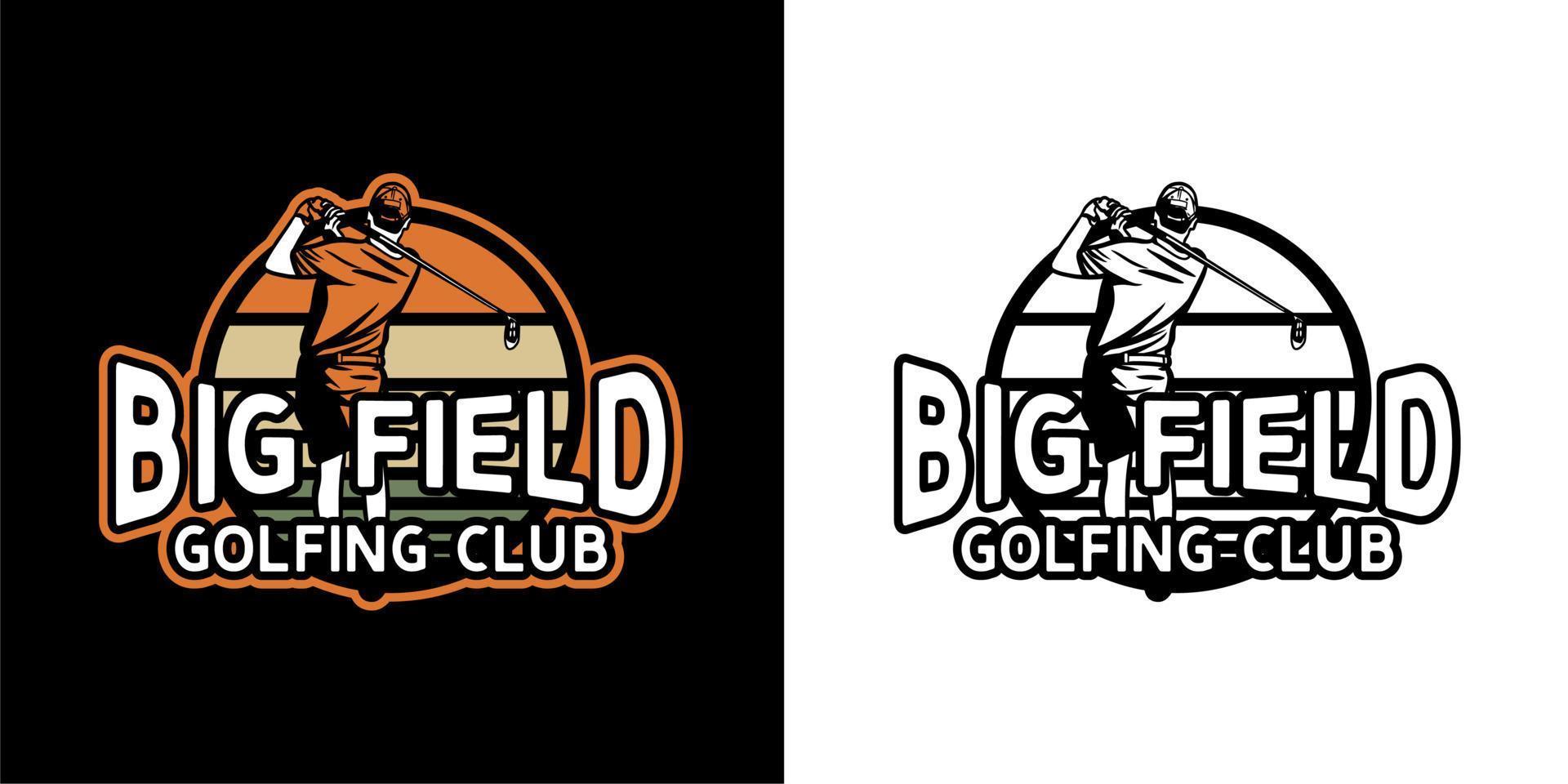 logo design big field golfing club with golfer man swinging golf stick vintage illustration and black and white illustration vector