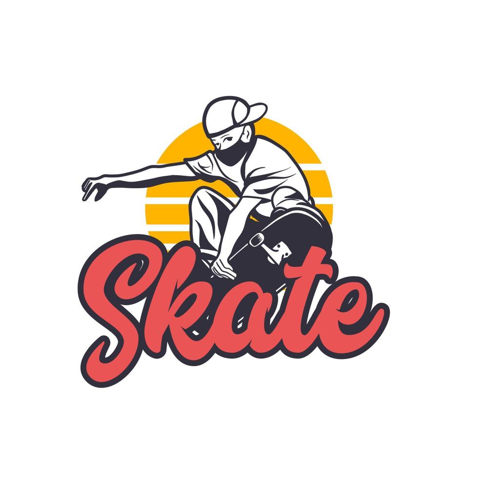 logo design skate with man playing skateboard vintage illustration vector