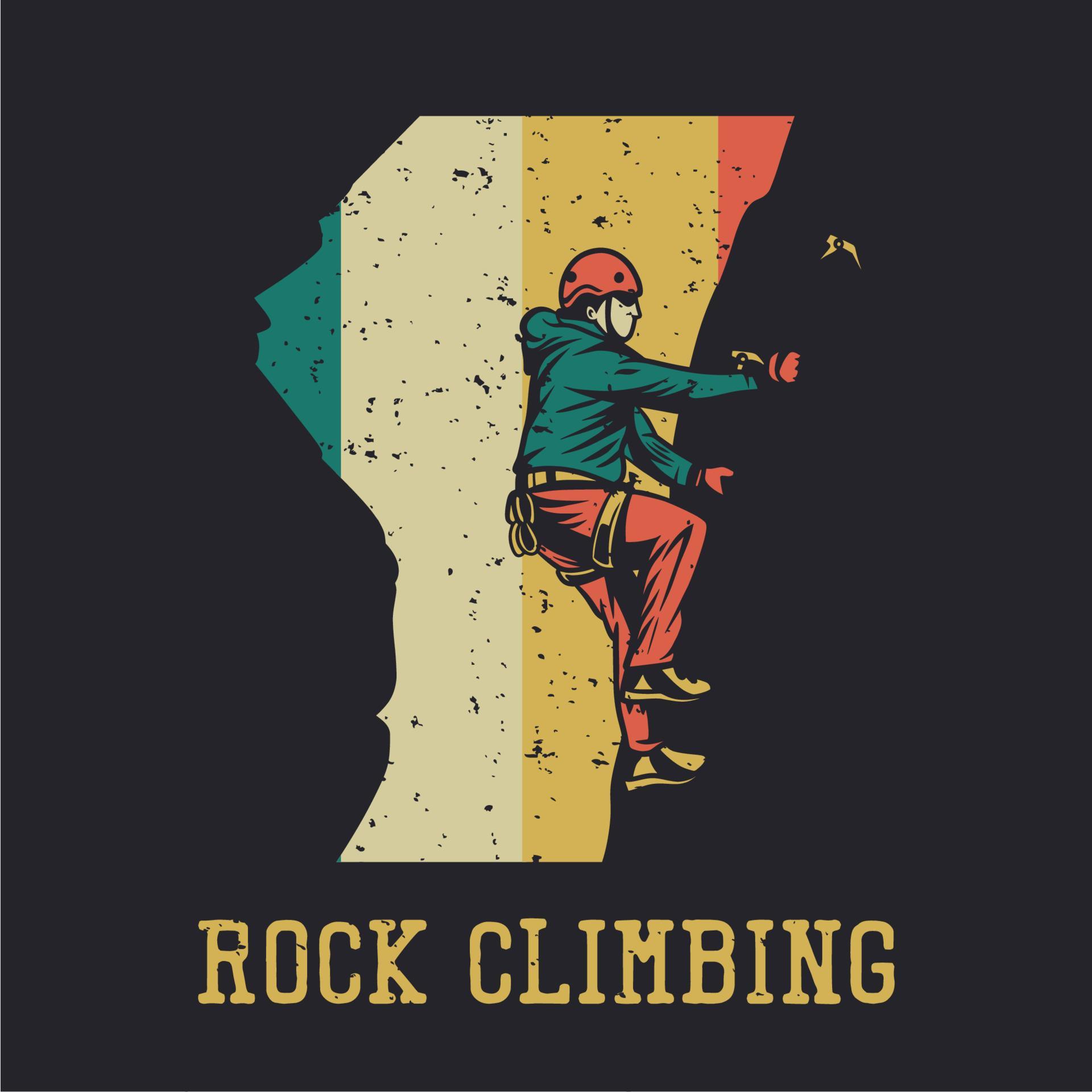 t shirt design rock climbing with man climbing rock cliffs vintage