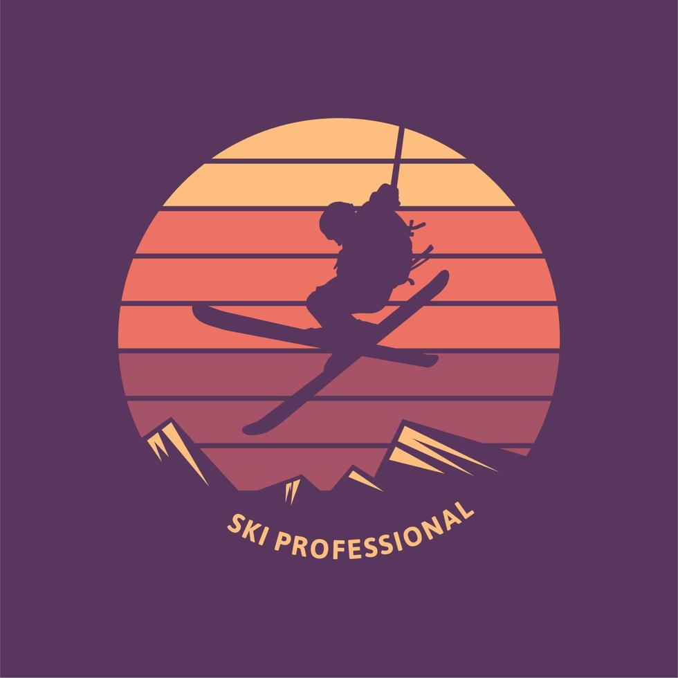 logo design ski professional with silhouette man playing ski flat illustration vector