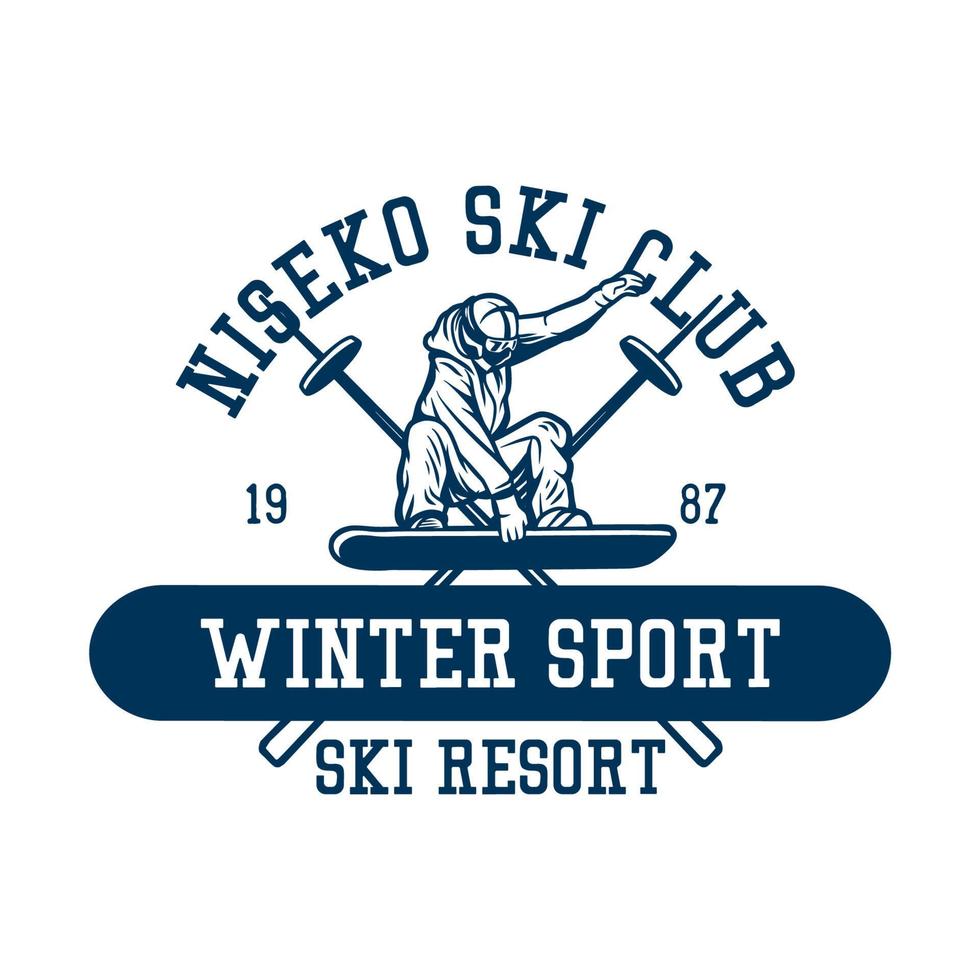 diseño de logotipo niseko ski club deportes de invierno estación de esquí 1987 con hombre esquiando ilustración vintage vector