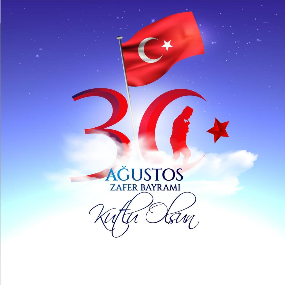 tarjeta de celebración nacional de turquía, insignia, pancarta o póster diseño vectorial 30 agustos zafer bayrami kutlu olsun, traducción al inglés, feliz 30 de agosto, día de la victoria vector