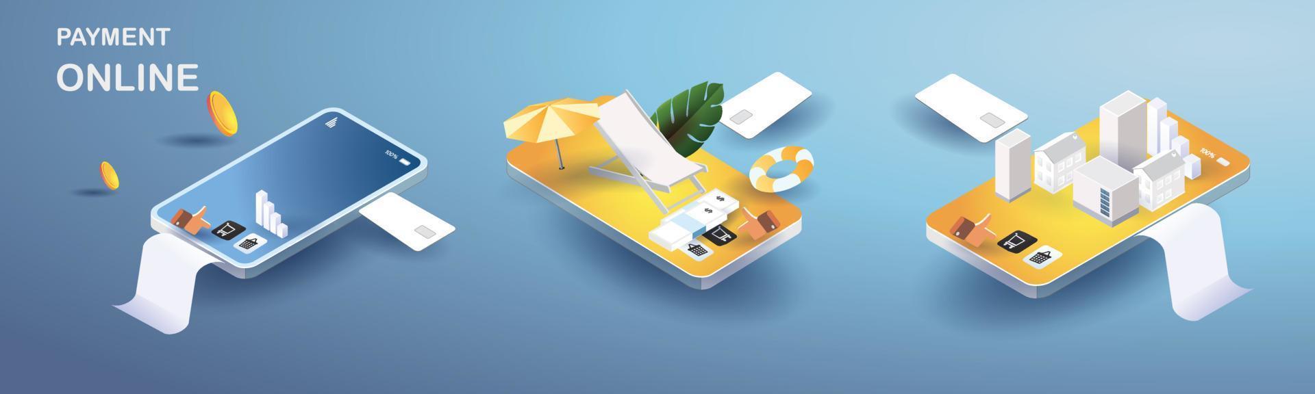 payment online on mobile phone Online shopping sell buy Bill and card money flat isometric vector concept banking.