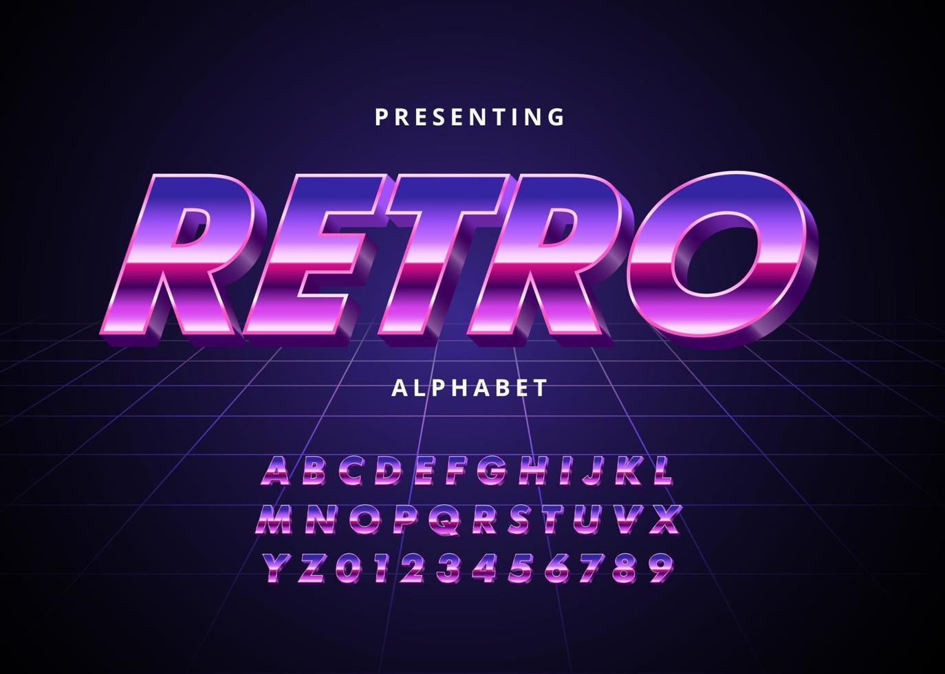 estilo de fuente retro futurista de los años 80. alfabeto vectorial con efecto cromado vector