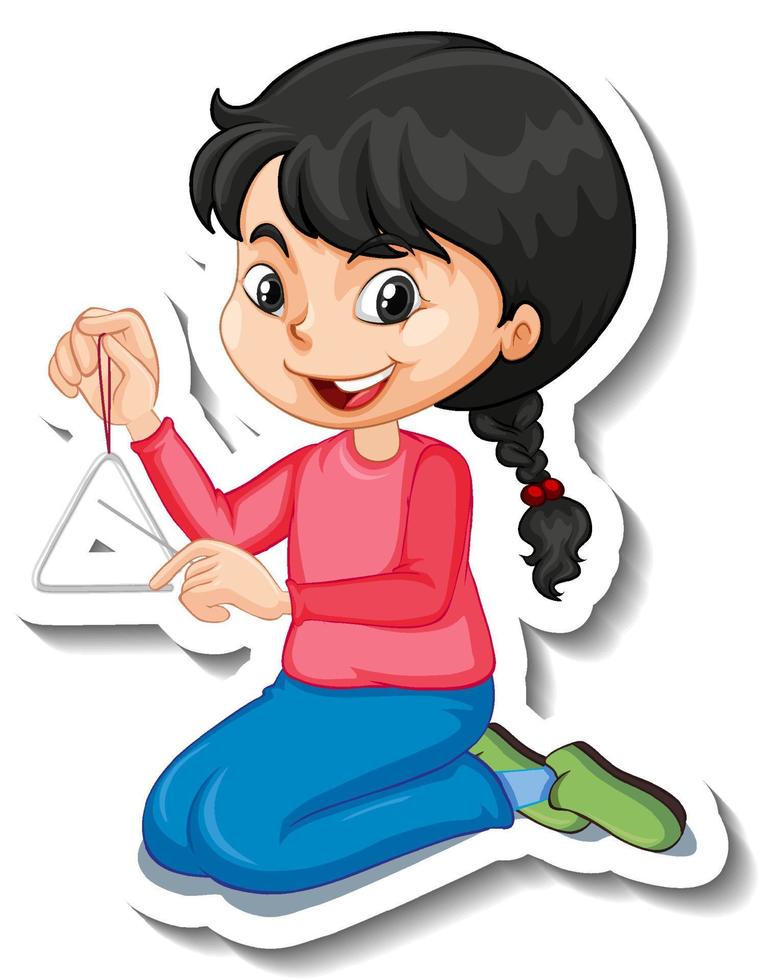 A girl playing triangle cartoon character sticker vector