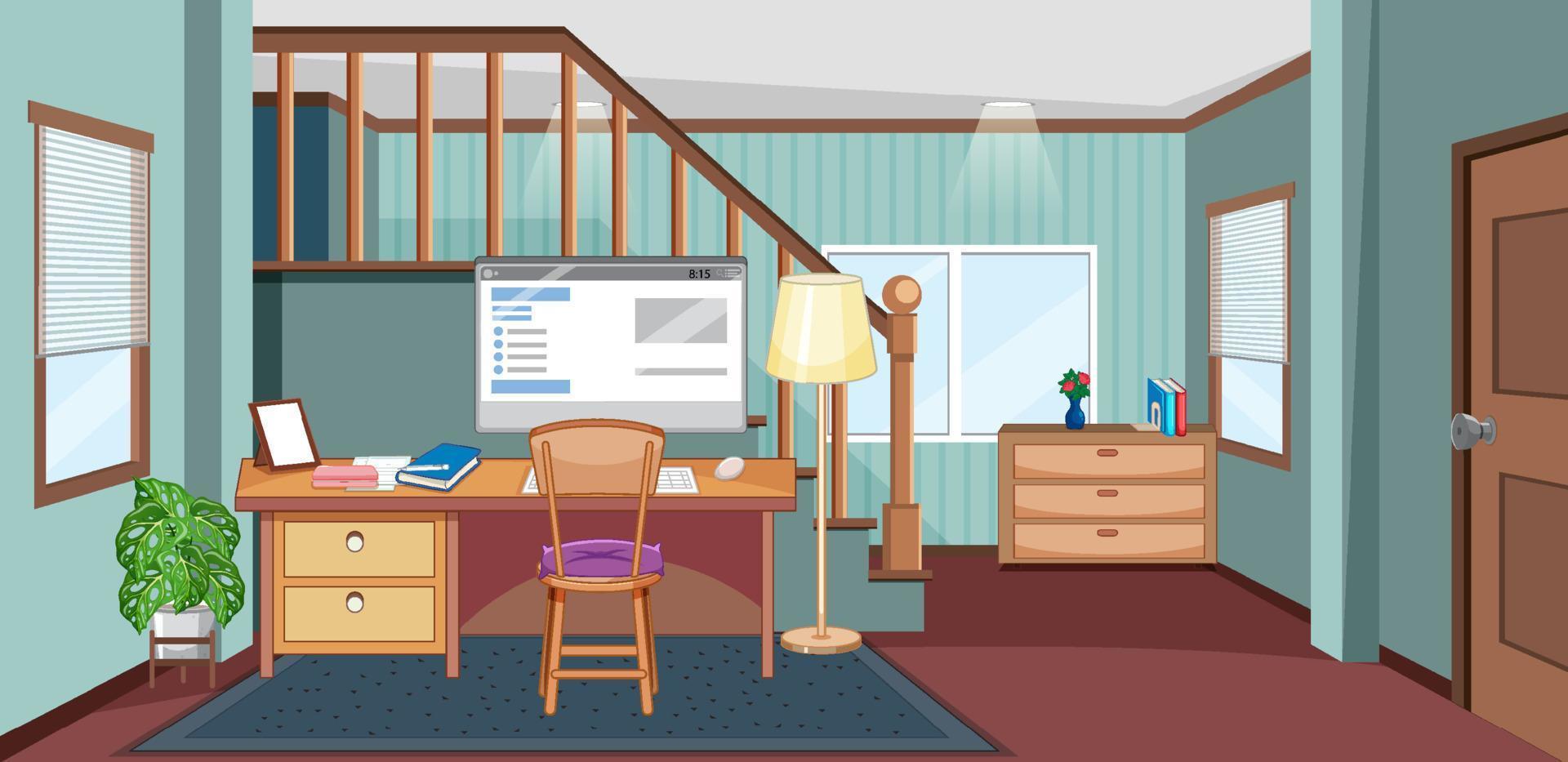 Escena de la sala de trabajo con computadora sobre la mesa. vector