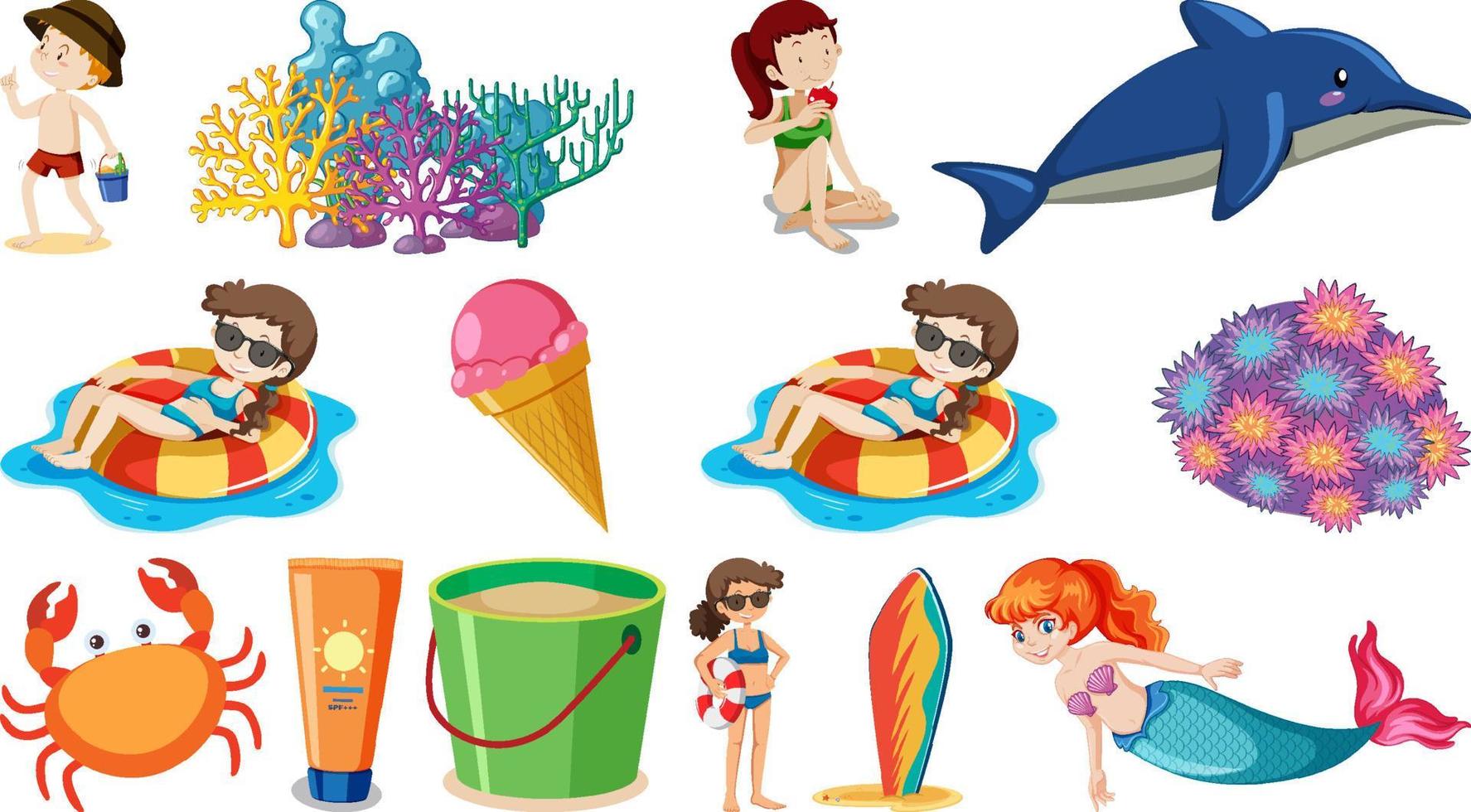 conjunto de objetos de playa de verano y personajes de dibujos animados vector