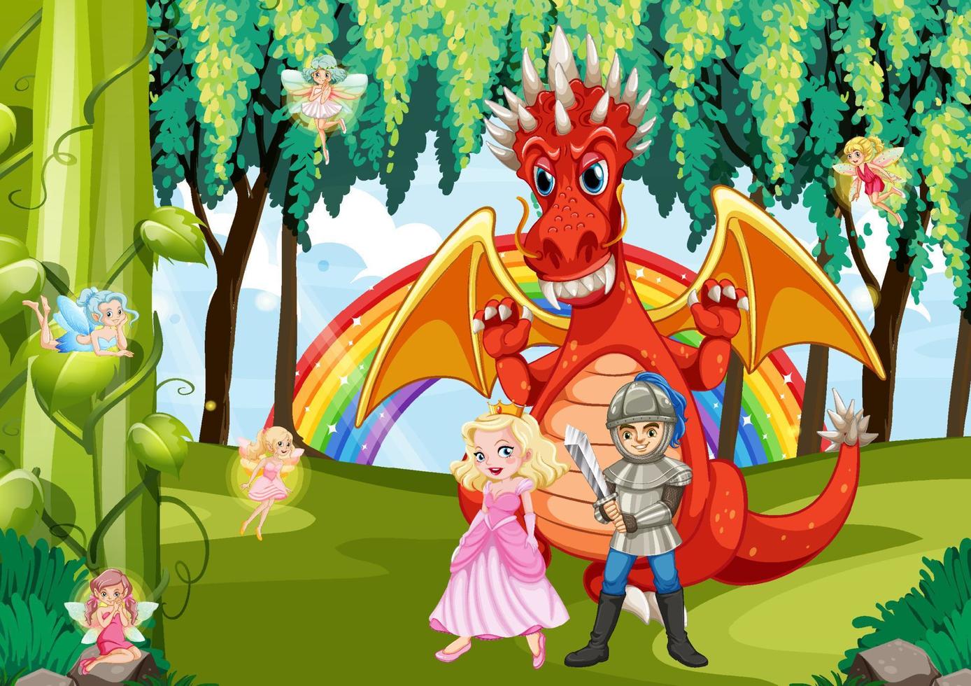 Cartoon dragon and knight in enchanted forest vector