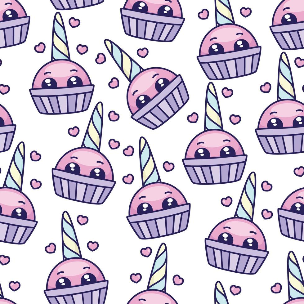 Kawaii unicorn cupcake seamless pattern vector