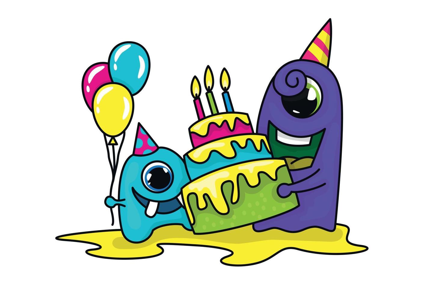 Two monsters with a birthday cake vector