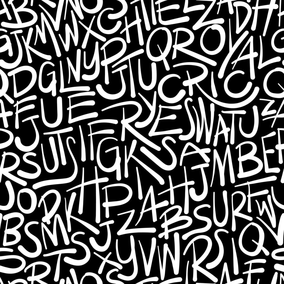 Hand drawn abstract alphabet texture background on black and white, seamless pattern, vector illustration