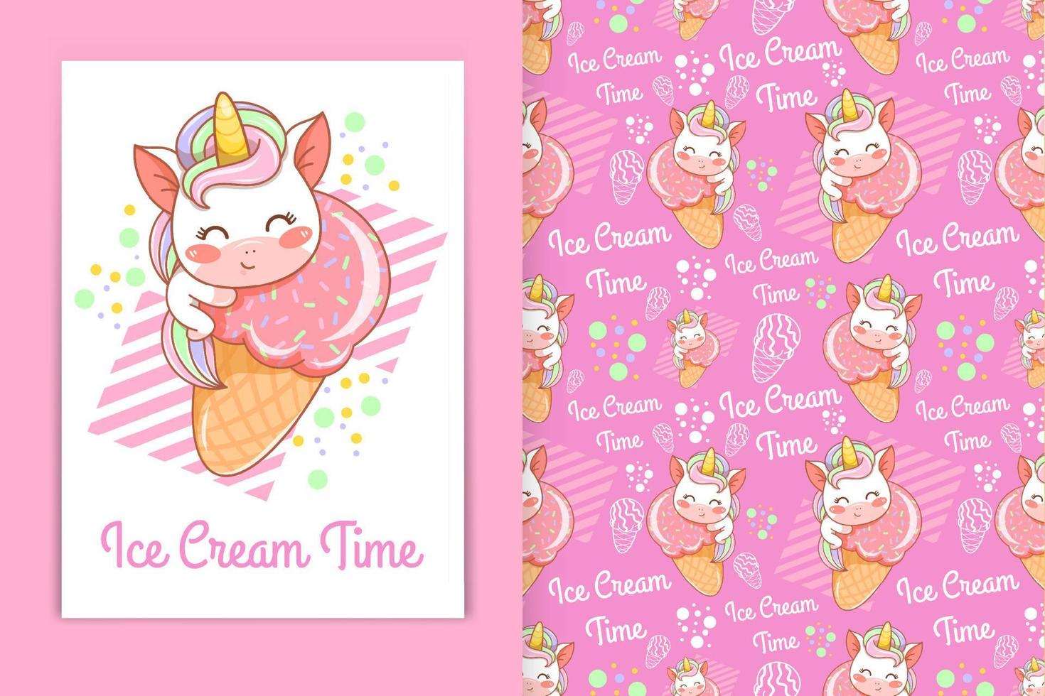 lindo bebé unicornio abrazando helado ilustración de dibujos animados y conjunto de patrones sin fisuras vector