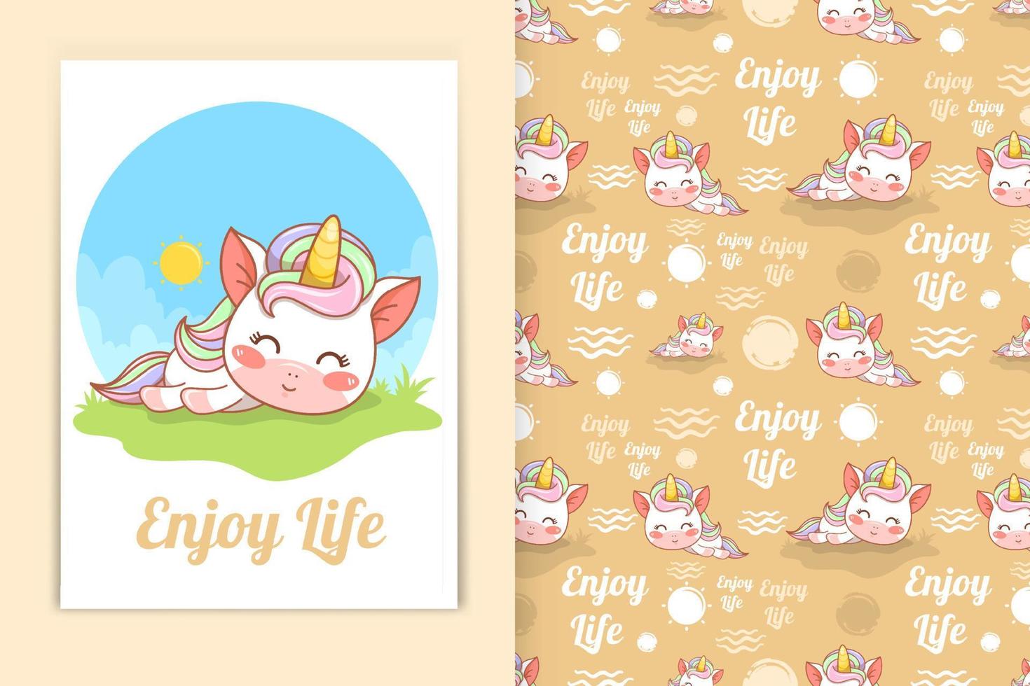 cute baby unicorn cartoon kawaii style and seamless pattern set vector