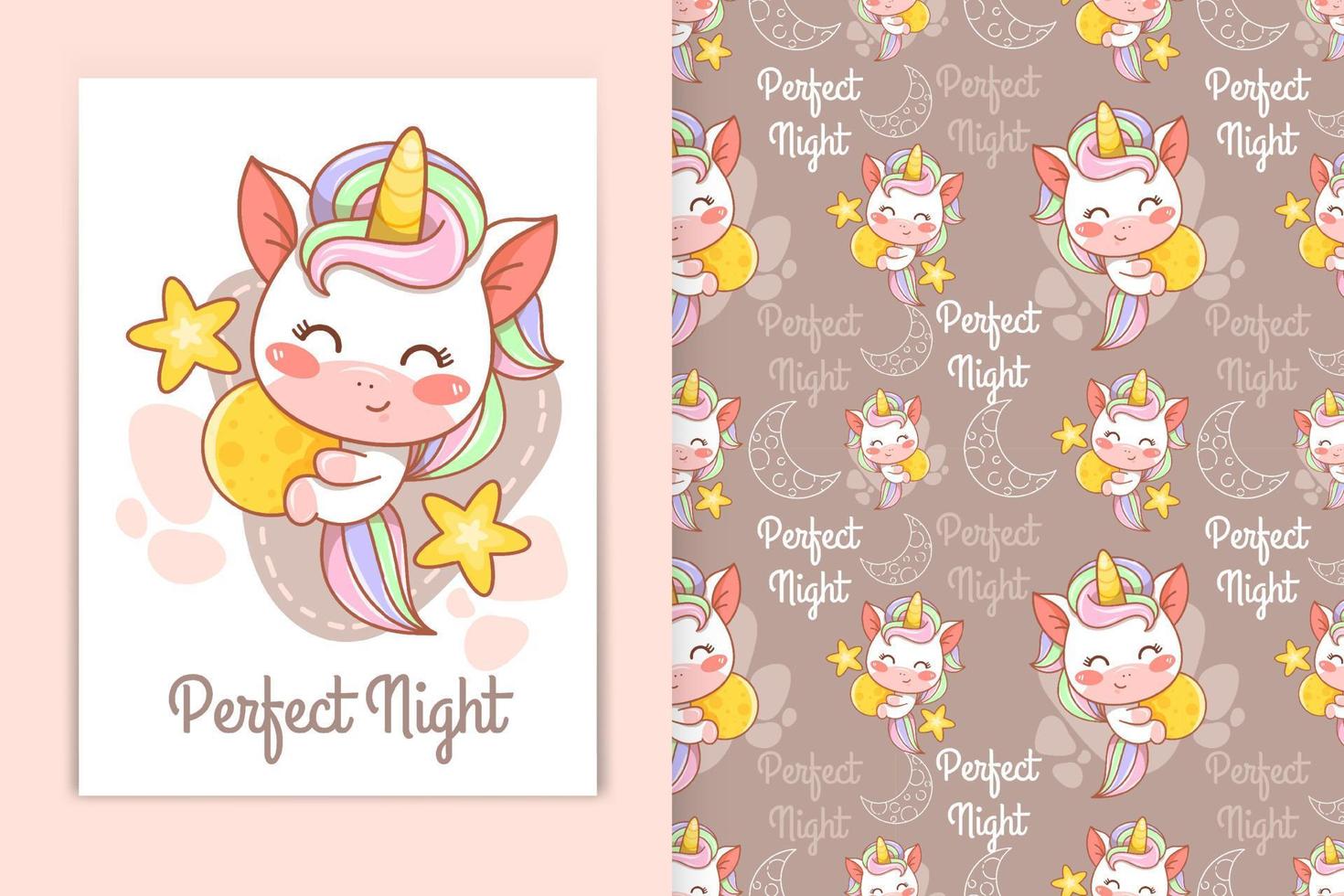 cute baby unicorn with moon and little star cartoon illustration and seamless pattern set vector
