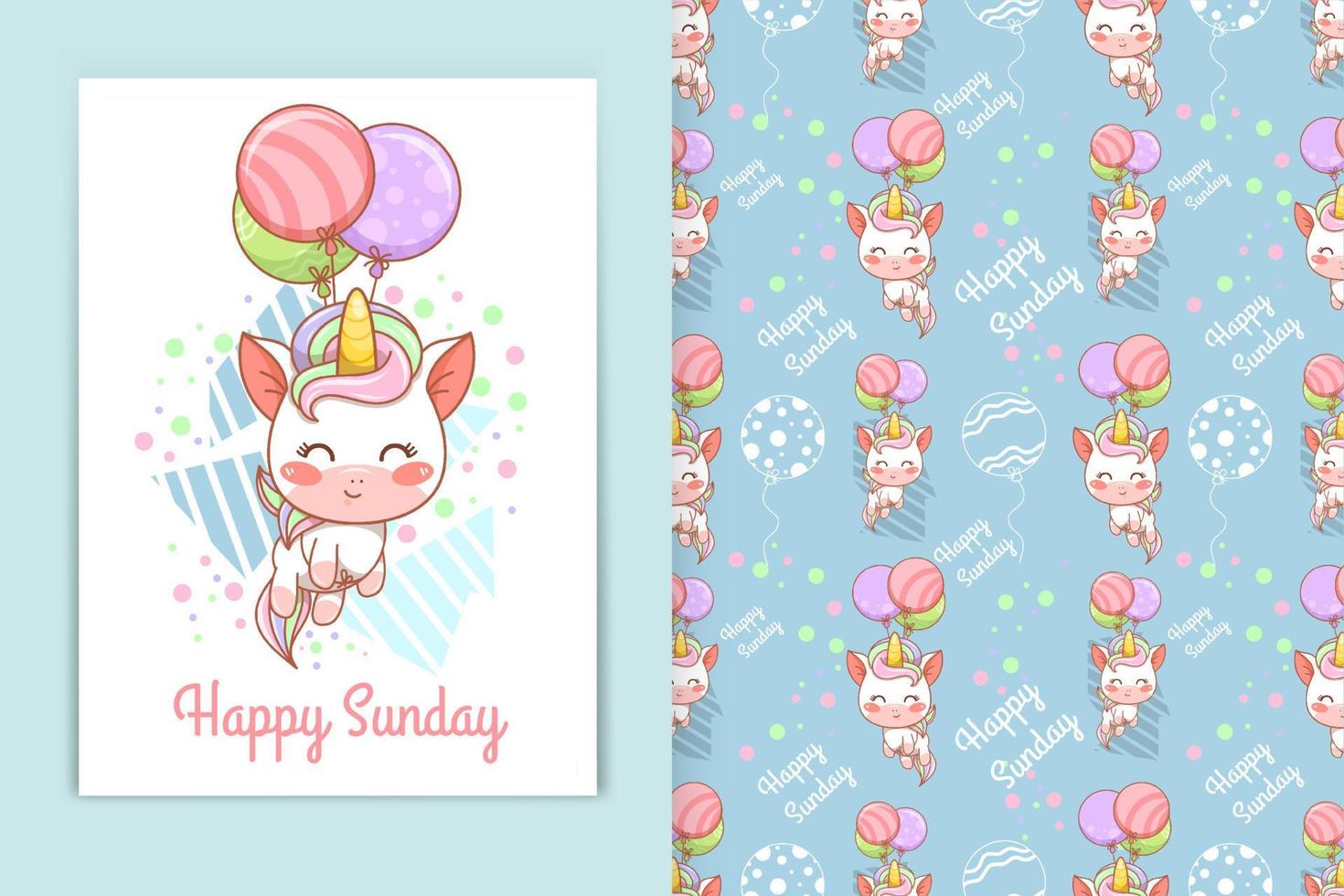 cute baby unicorn with balloons cartoon illustration and seamless pattern set vector