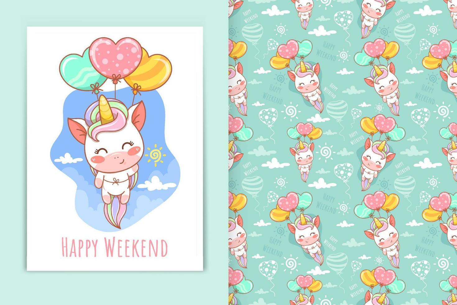 cute baby unicorn holding balloon cartoon illustration and seamless pattern set vector