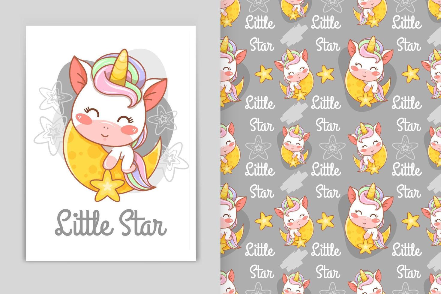 cute baby unicorn with moon and little star cartoon illustration and seamless pattern set vector