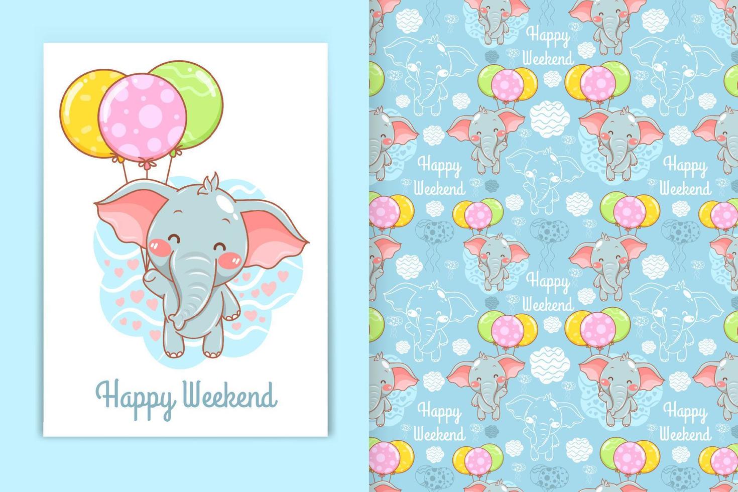 cute baby elephant with balloon cartoon illustration and seamless pattern set vector
