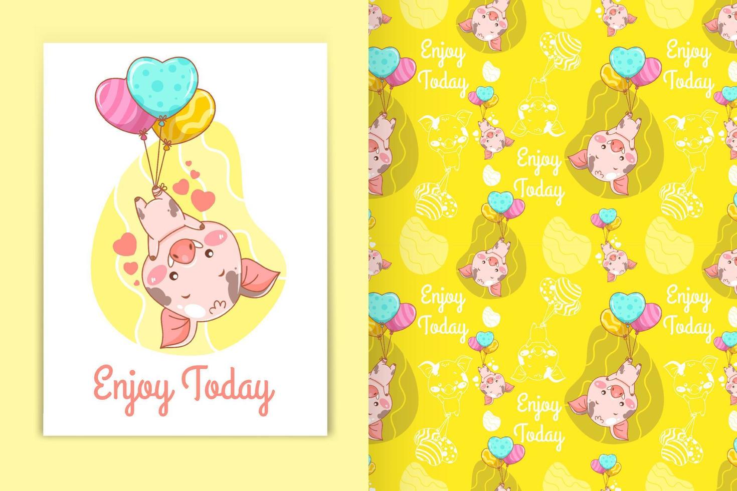 cute baby pig with love balloon cartoon illustration and seamless pattern set vector