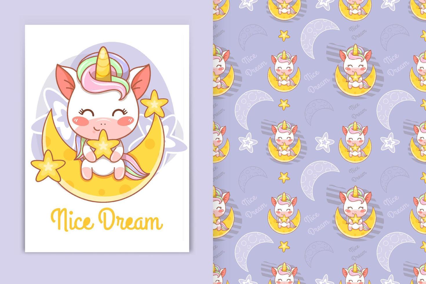 cute baby unicorn with moon and little star cartoon illustration and seamless pattern set vector