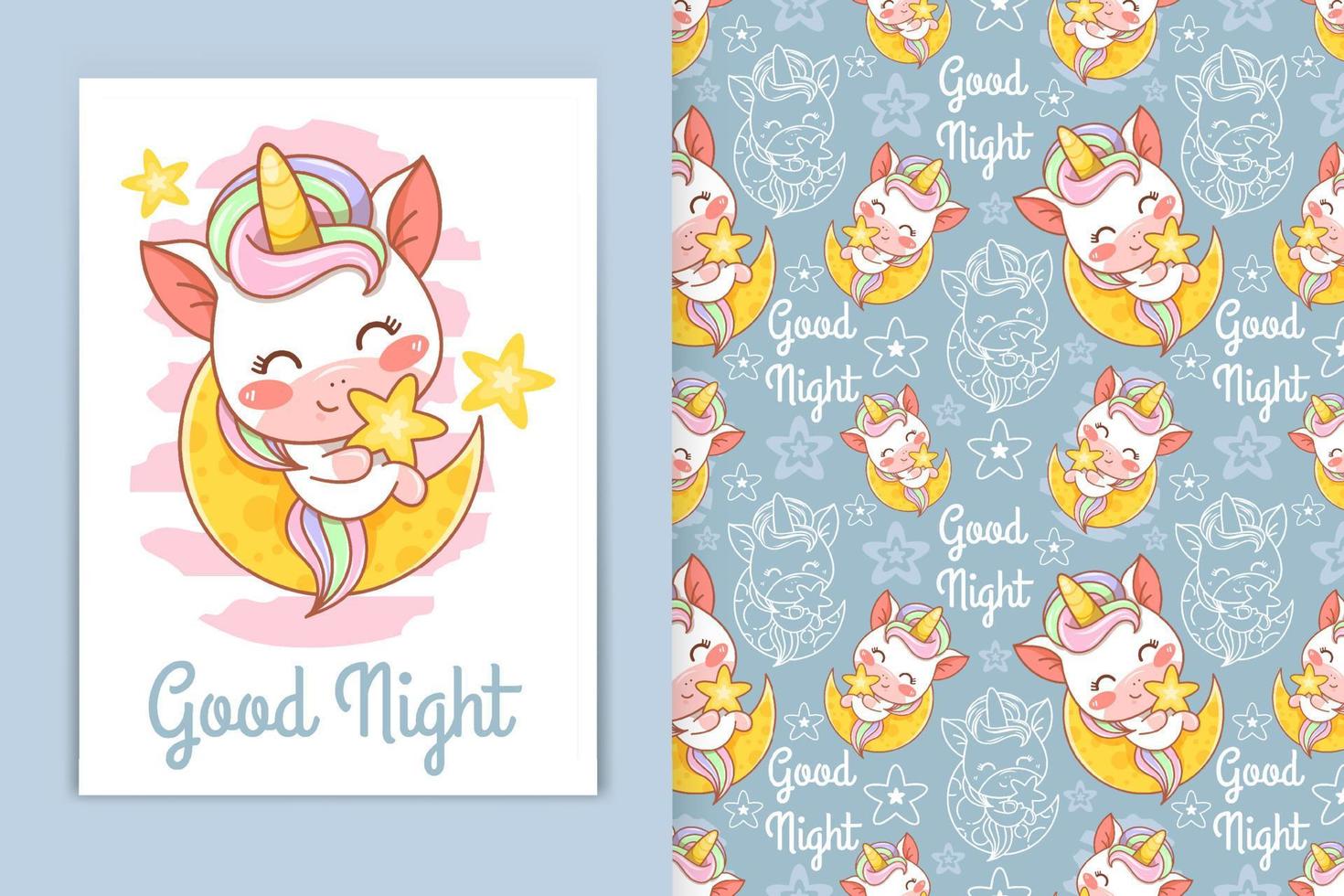 cute baby unicorn with moon and little star cartoon illustration and seamless pattern set vector