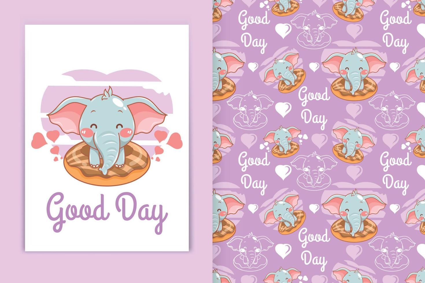 cute baby elephant with donuts cartoon illustration and seamless pattern set vector