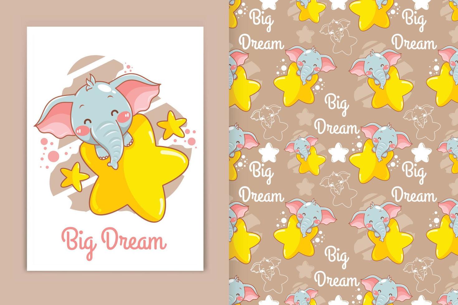 cute baby elephant with moon and little star cartoon illustration and seamless pattern set vector