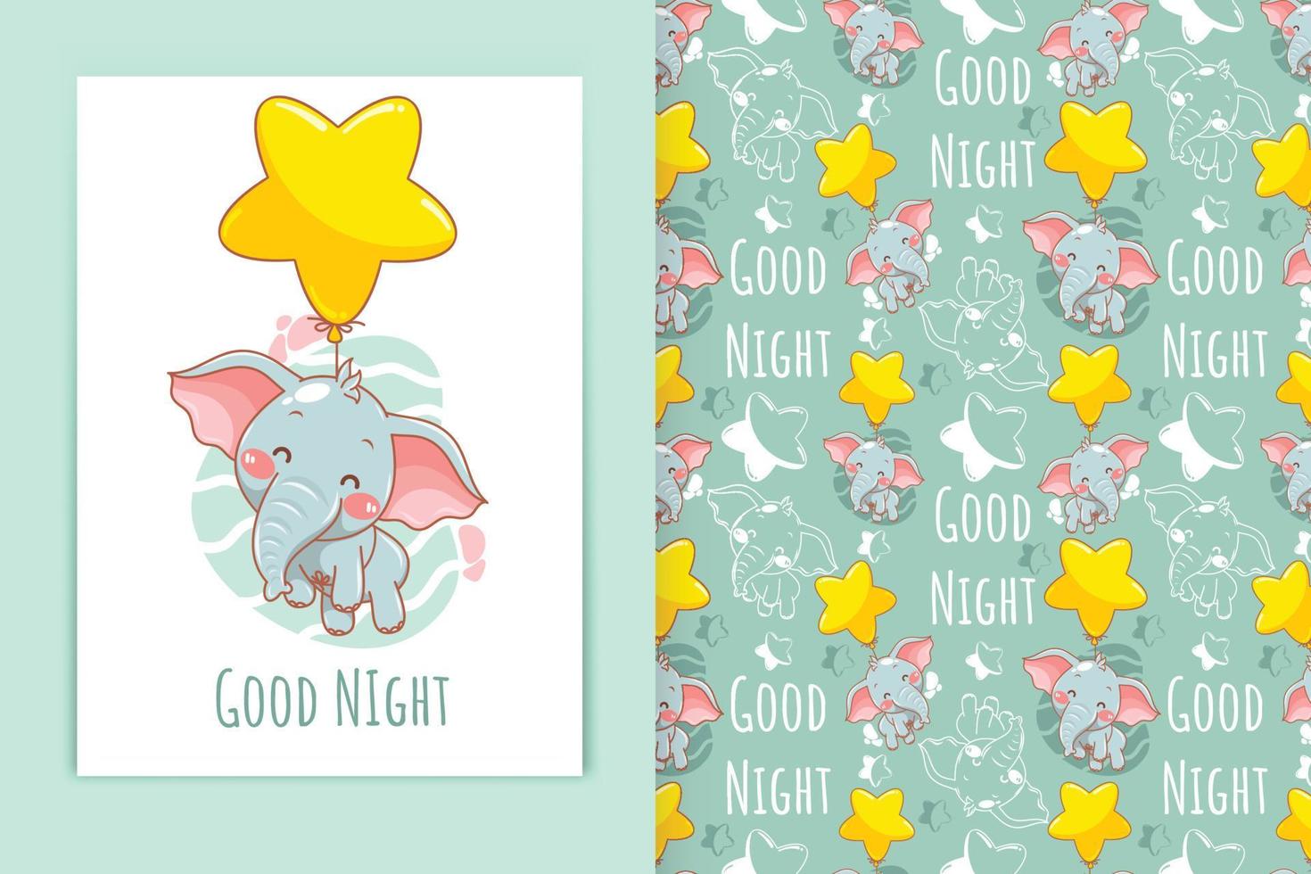 cute baby elephant with star balloon cartoon illustration and seamless pattern set vector