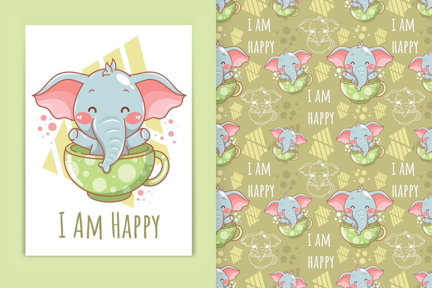 cute baby elephant with teacup cartoon illustration and seamless pattern set vector