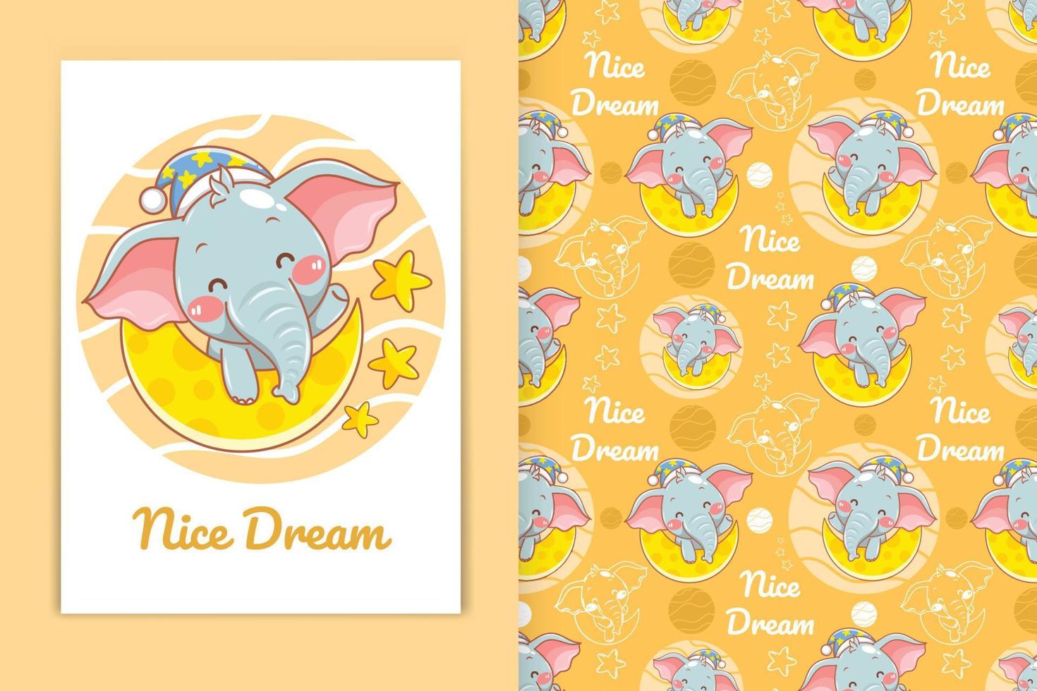 cute baby elephant with moon and little star cartoon illustration and seamless pattern set vector