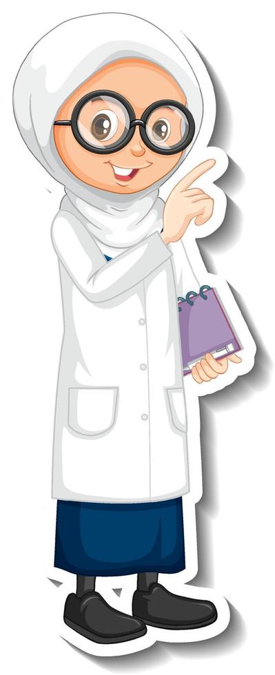 Scientist muslim girl cartoon character sticker vector