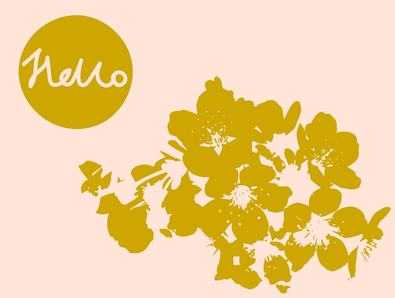 Cute spring floral hello card with blooming tree, gold cherry blossom branch on pink background vector