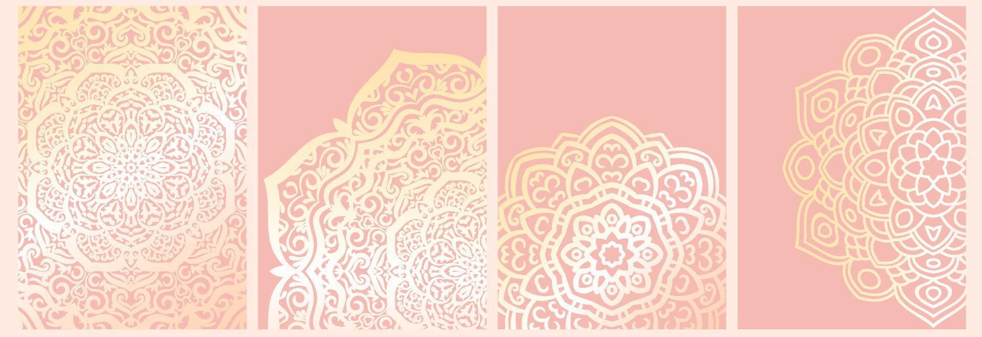 Set of mandala backgrounds isolated on pink. Banner, flyer, card with ornamental flowers. vector