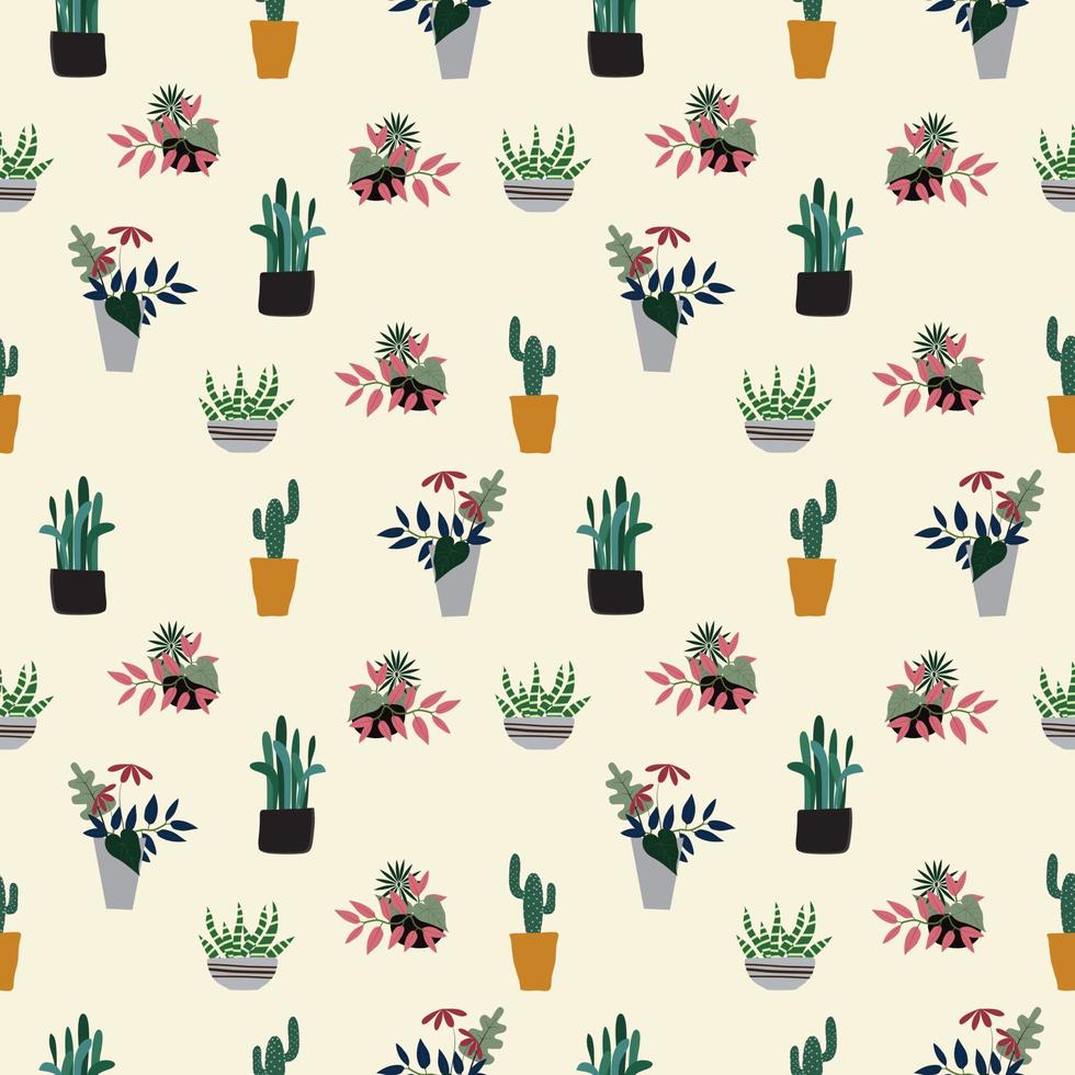 Seamless hand drawn potted plants, cactus pattern background vector