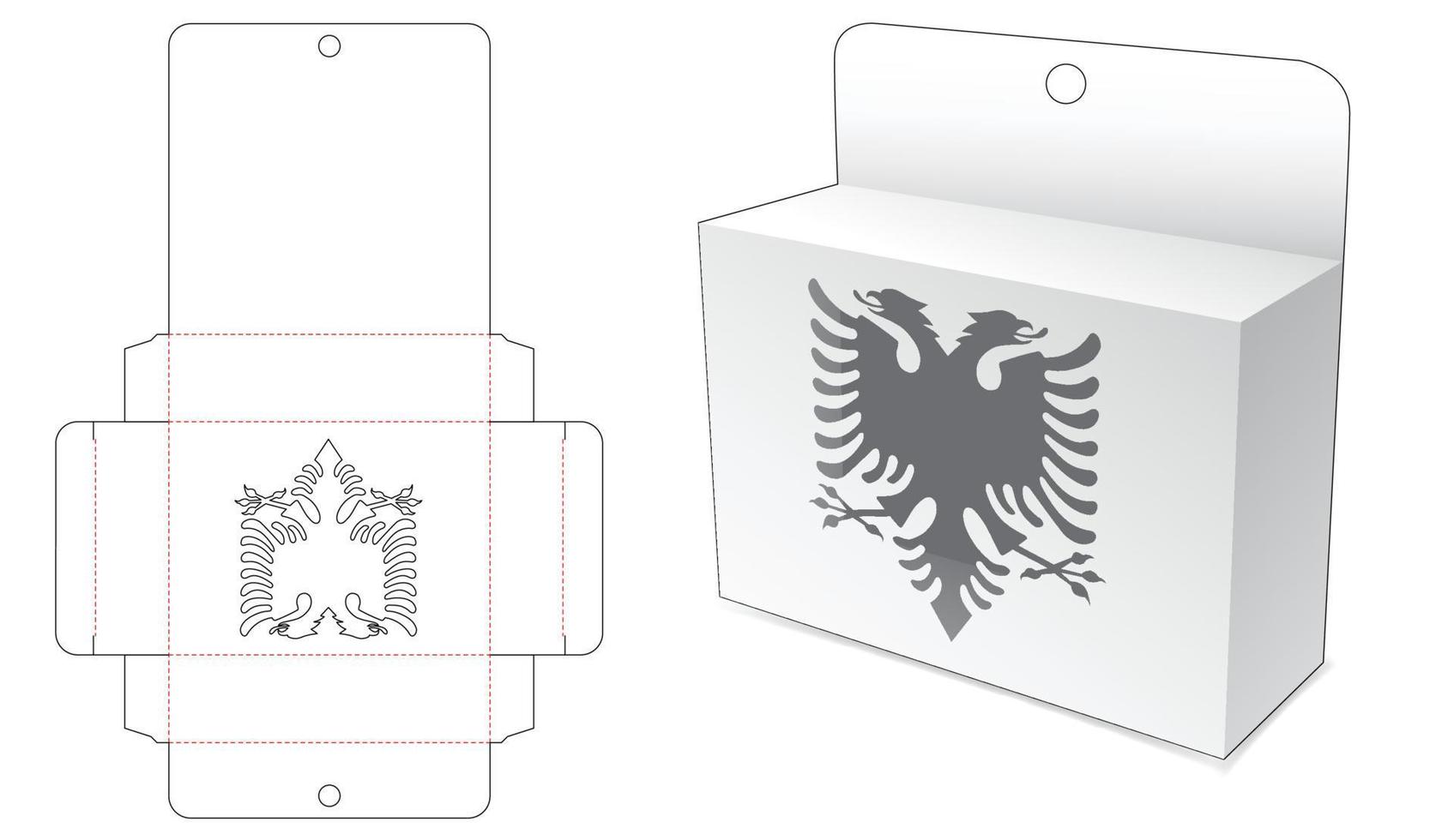 Cardboard hanging packaging with Albania flag window die cut template vector