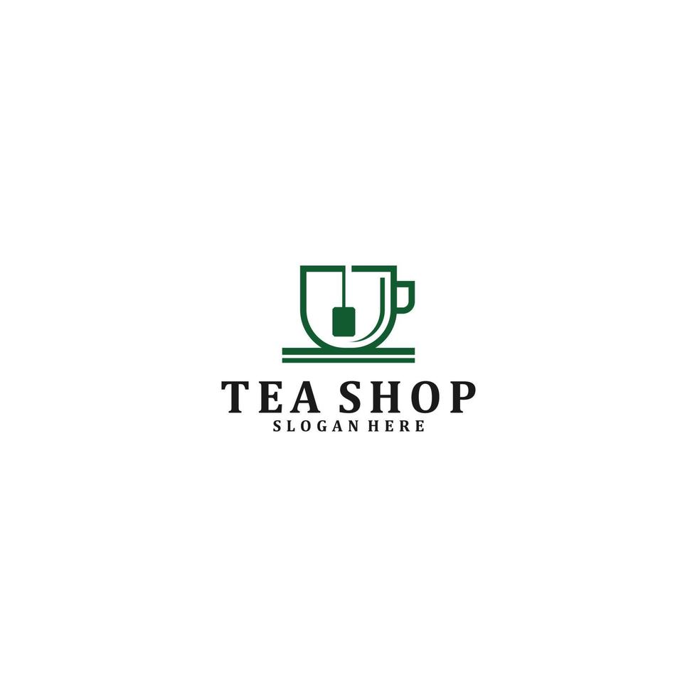 Logotipo para tienda de té con taza de té en fondo blanco. vector