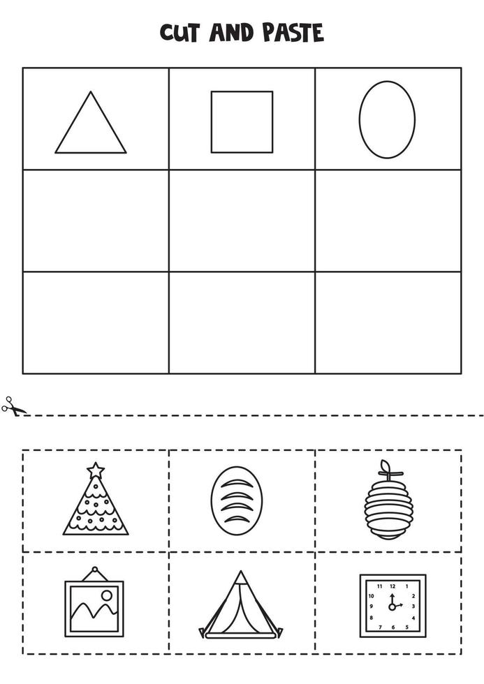 cortar y pegar formas geométricas. hoja de trabajo en blanco y negro. vector