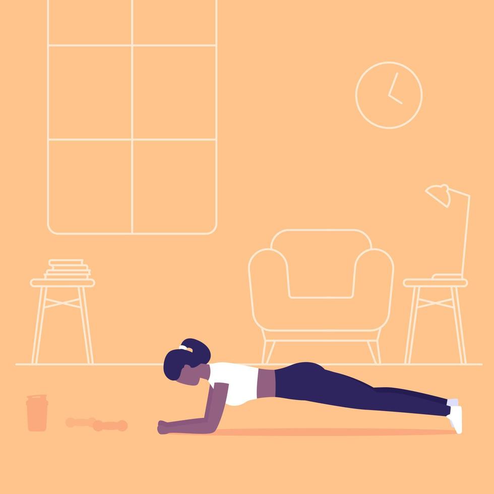 girl training abs, plank exercise, workout at home vector