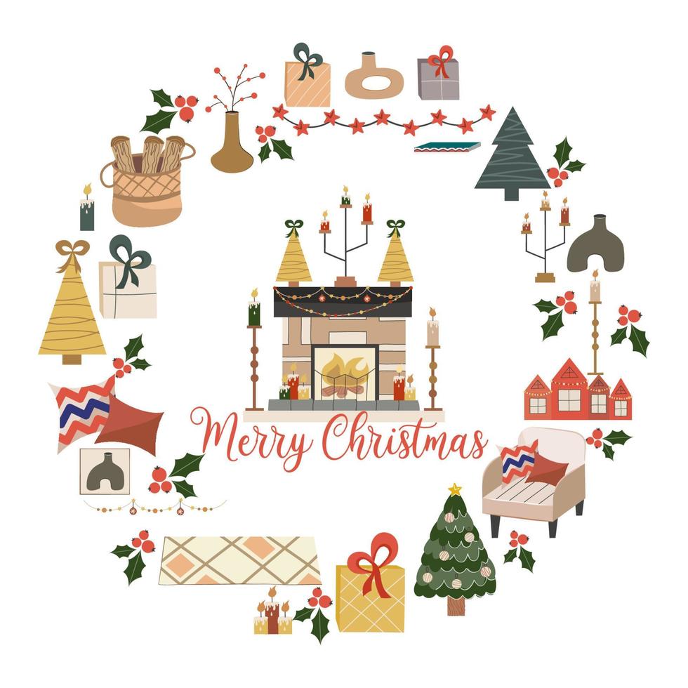 Diseño circular de Navidad aislado sobre fondo blanco, en el centro está la chimenea con el texto Feliz Navidad. Chimenea con fuego, árbol y guirnalda. ilustración vectorial para postal o decoración de vacaciones. vector