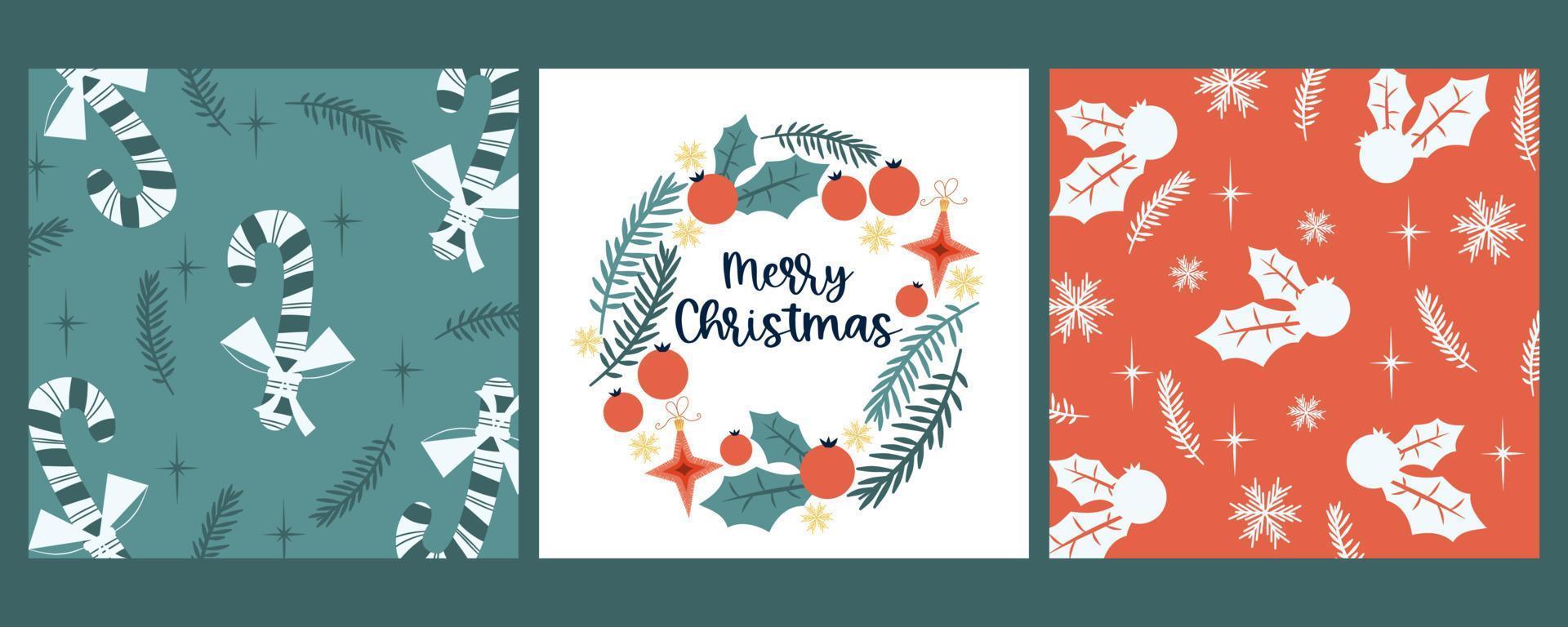 Set of Christmas vintage covers for congratulations.Template with lollipop, holly, frame with congratulations text. Vector illustration in retro flat style.